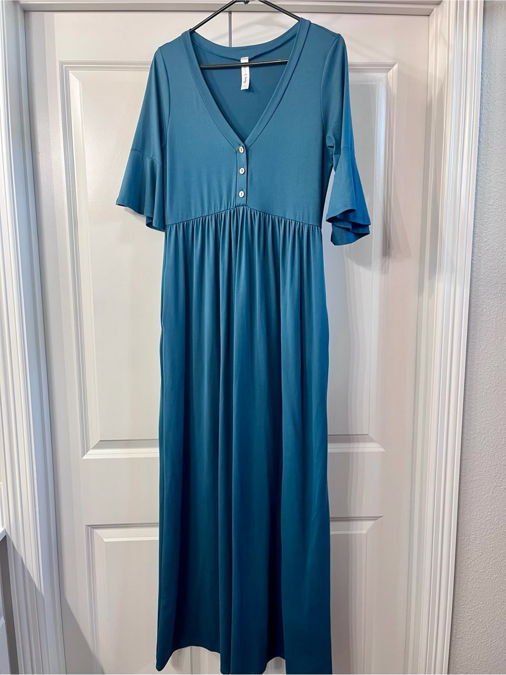 V-Neck Teal Maxi Dress with Short Flutter Sleeves